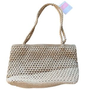 Lina Teisha 2 Crochet Tote Shoulder Bag Braided Strap Bamboo Beige Small Women